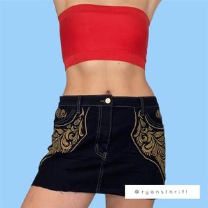 Low rise detailed denim mini skirt